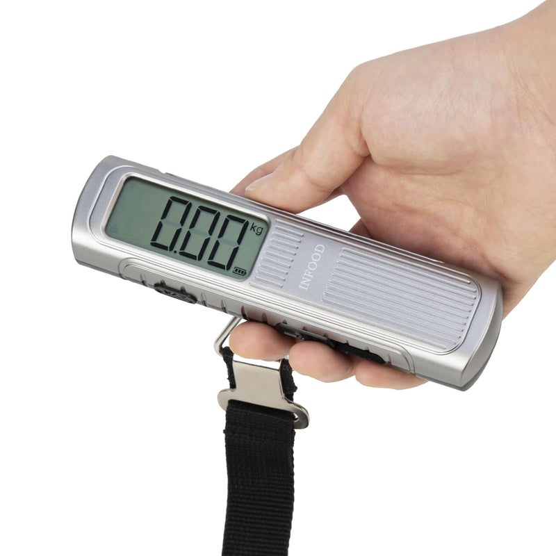 INFOOD Battery-Free Digital Luggage Scale, Suitcase Scale for Travel, Portable Luggage Weight Scale with Hook & LCD Display for Luggages, Packages & Bags, 110lb/50kg Handheld Scale, Silver - Image 1